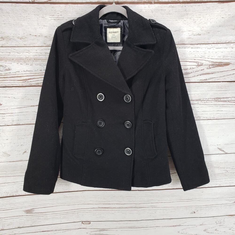 Old Navy Women's Black Double Breasted Wool Blend Coat Size Small